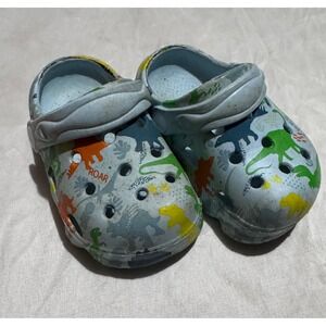 Kids Dinosaur Print Foam Clogs Light Blue Slip On Water Shoes Roar Motifs